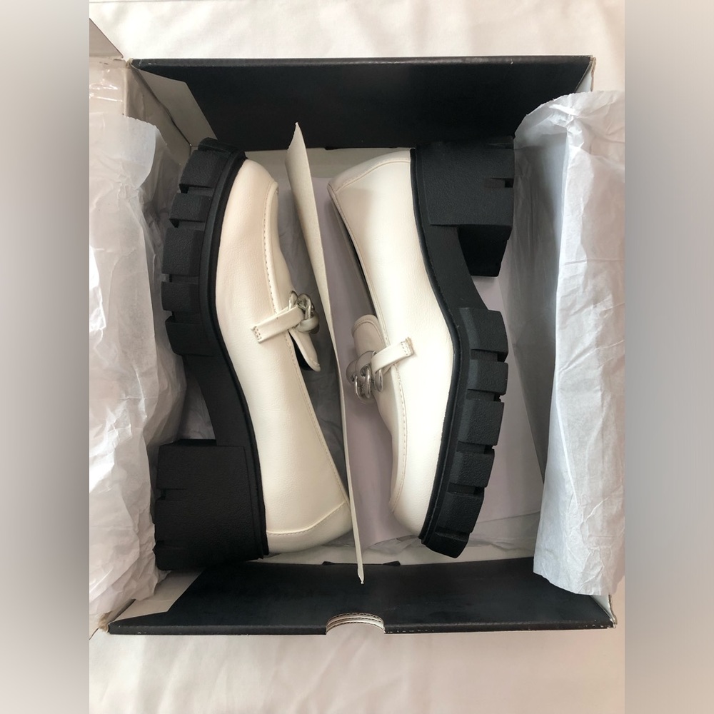 Torrid Chunky White PU Loafers With Silver Metal Chain Accents 10